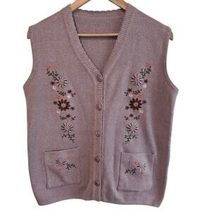 Vintage Flower Sweater Vest Womens Large Purple Embroidered Cottage Coquette